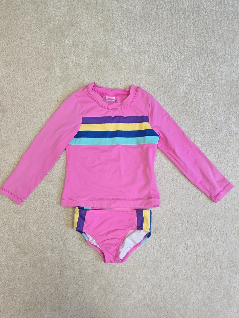 Girls' Pink Long-Sleeve Rash Guard Swim Set with Color Stripe